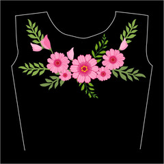 t-shirt design with pink flowers and green leaves on black background. Embroidery flower round neck line patch composition for t-shirt design. 