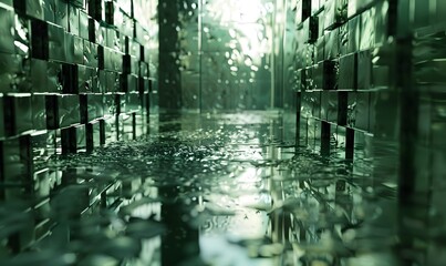 Futuristic empty tunnel with green metal tiles on walls and water on the floor. The high-tech design features reflective surface, illuminated by dynamic, radiant lighting.