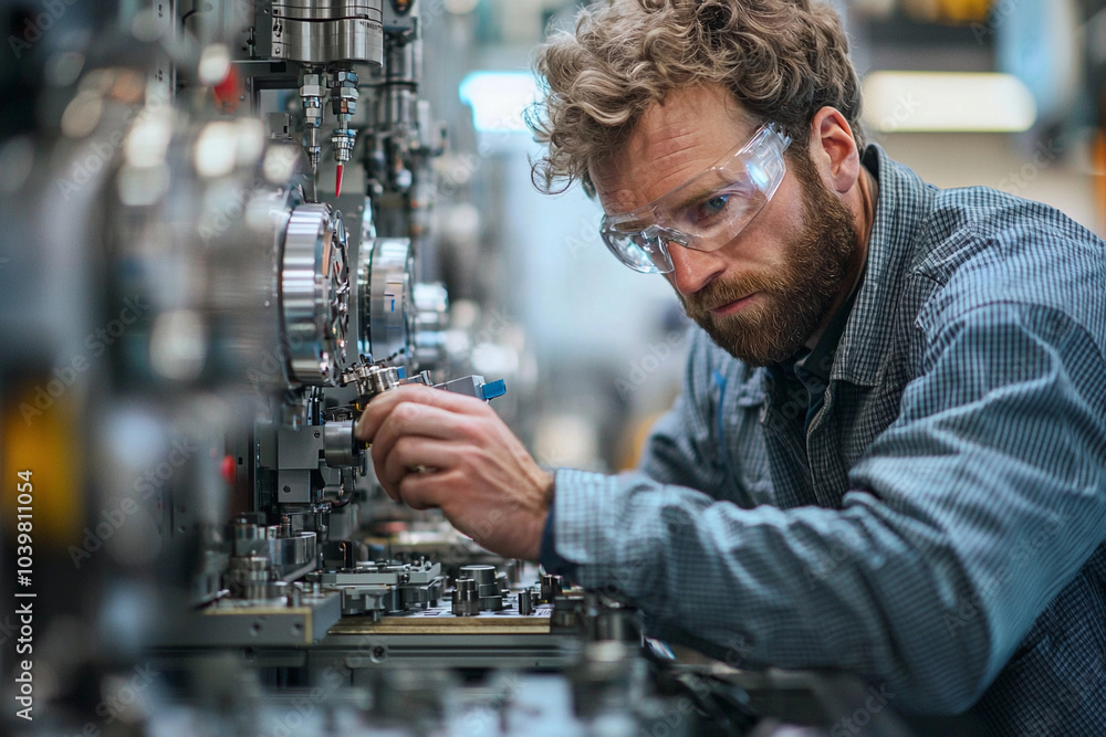 Poster engineer working on machinery in a workshop during the day