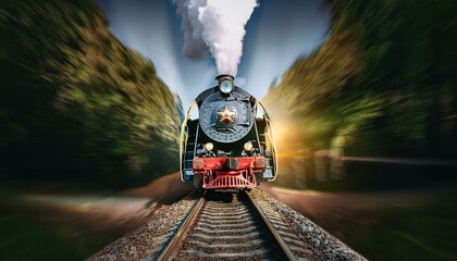 imagen fotorrealista de un tren de vapor en movimiento visto de frente