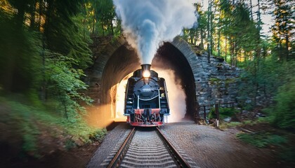 imagen fotorrealista de un tren de vapor en movimiento visto de frente