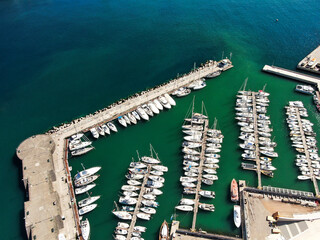 View of the marina in Funchal, Madeira, from above, sailboats and motorboats