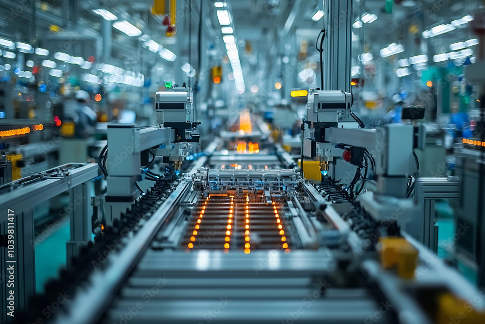 Poster industrial automated assembly line with machinery in operation