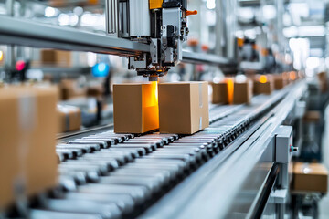Automated conveyor packing boxes in a busy center