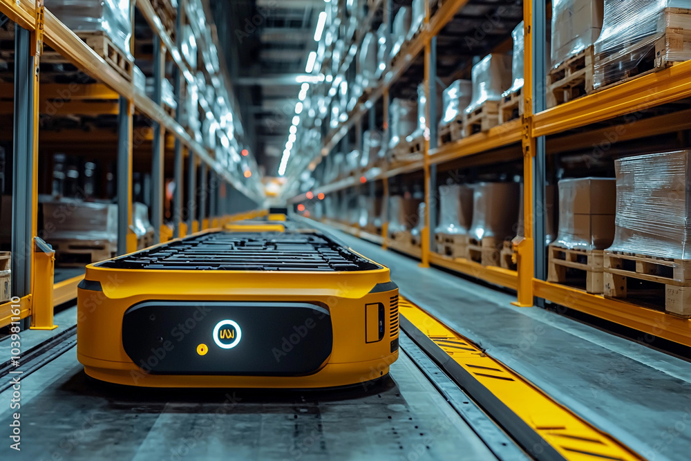 Aufkleber automated delivery robot navigating a warehouse during daylight hours