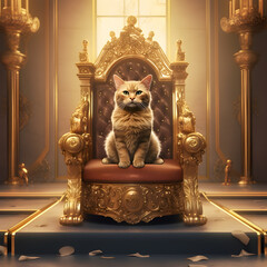 A cat sits on a throne in a castle. Cat queen.