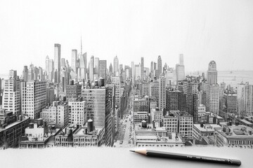 Fototapeta premium A hand-drawn cityscape created entirely with a single pencil, with the pencil resting next to the artwork 