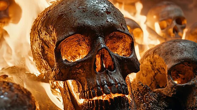 skulls are engulfed in flames against a dark background, burning skull slow motion, generative ai