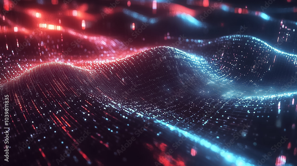 Poster vibrant data streams flow and intertwine, creating a dynamic landscape with bright red and blue ligh
