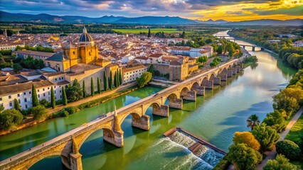 Fototapeta premium Aerial View of the Historic Roman Bridge in Cordoba, Spain – Architectural Marvel and Scenic Beauty