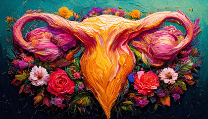 Female anatomical womb, uterus with ovaries. Close-up of the female reproductive system as a symbol of health, fertility and awareness. Abstract rough oil strokes with colors seamless background