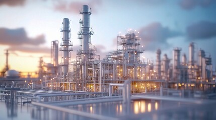 Industrial Landscape at Dusk with Illuminated Structures