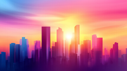 Fototapeta premium Tall city buildings are silhouetted against a stunning colorful sunset, creating a breathtaking twilight atmosphere