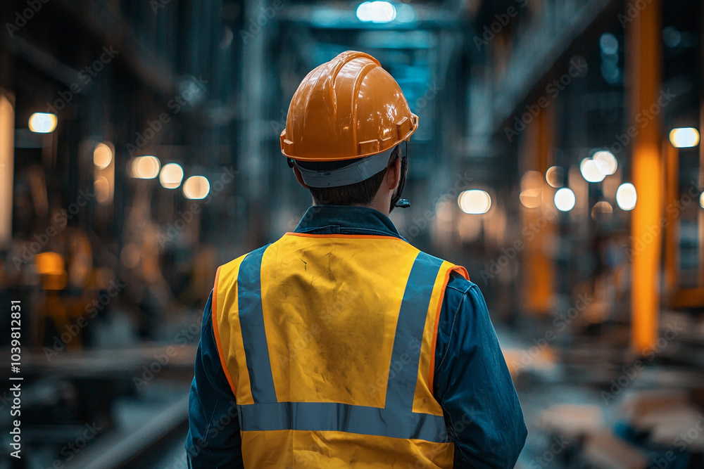 Poster construction worker evaluating progress in a busy warehouse setting