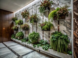 Naklejka premium Aerial View of White Marble Wall with Lush Hanging Plants in Green Architecture Style for Eco-Friendly Design