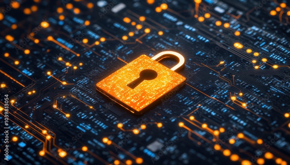 Poster digital padlock on a circuit board symbolizing tech cybersecurity