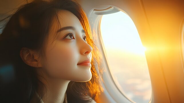 Asian woman enjoying the view from her airplane window seat, with sunlight illuminating her face, reflecting the peacefulness and excitement of air travel.