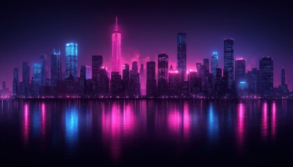 Fototapeta premium Vibrant neon city skyline at night reflecting in calm waters under purple hues
