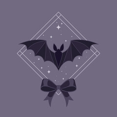 Nietoperz, nocne niebo w gwiazdy i kokarda. Ilustracja na Halloween. © Monika