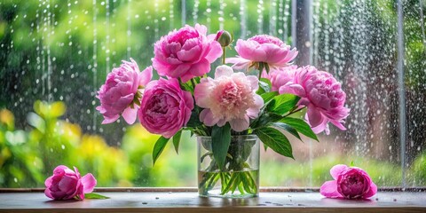 Obraz premium Bunch of Pink Peonies Against Rainy Windows - Captivating Floral Arrangement with Raindrops, Soft Light, Elegant Decor, Nature's Beauty, Fresh Flowers, Home Interior, Aesthetic Photography