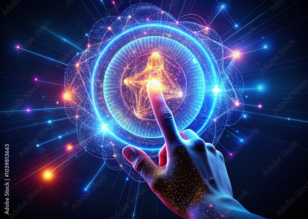 Poster ai artificial intelligence symbol with digital 3d finger touch in long exposure effect for futuristi