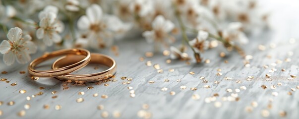 Two gold wedding rings among delicate cherry blossoms and golden confetti on white wooden surface, ideal for marriage announcements, invitations and romantic themes, symbolizing love and commitment