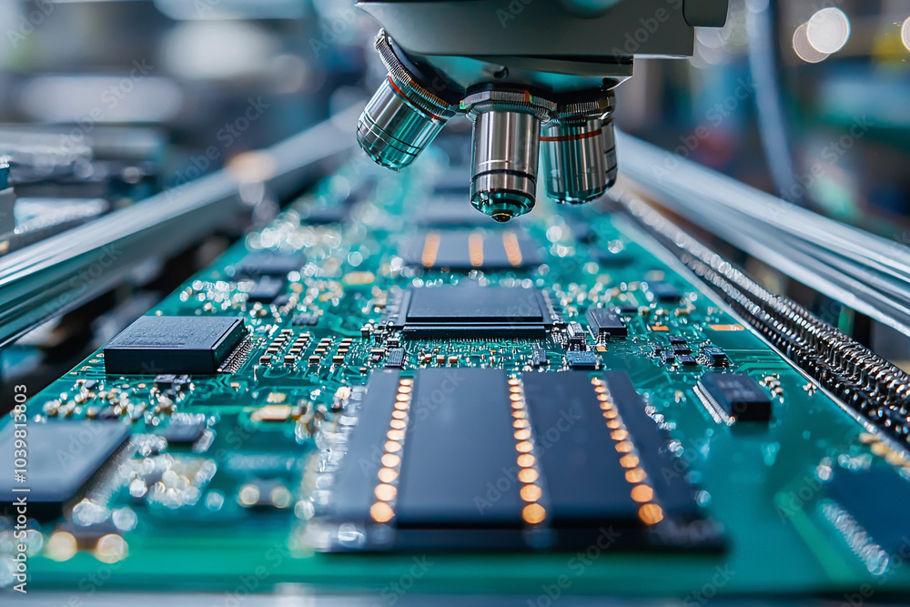 Poster microscope examining intricate circuit board in electronics laboratory