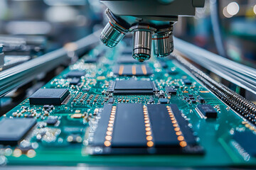 Microscope examining intricate circuit board in electronics laboratory