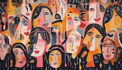 Seamless background with abstract geometric faces of people in chaotic, psychedelic and eclectic style. Abstract minimalist eccentric colorful illustration with elements of constructivism 