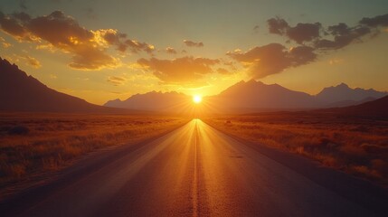 Fototapeta premium A peaceful mountain highway at dusk, with the sun setting behind the peaks and clouds casting soft shadows, creating a picturesque and calming scene.