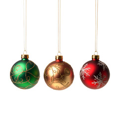 Christmas baubles in green, gold, and red with festive patterns on a white background