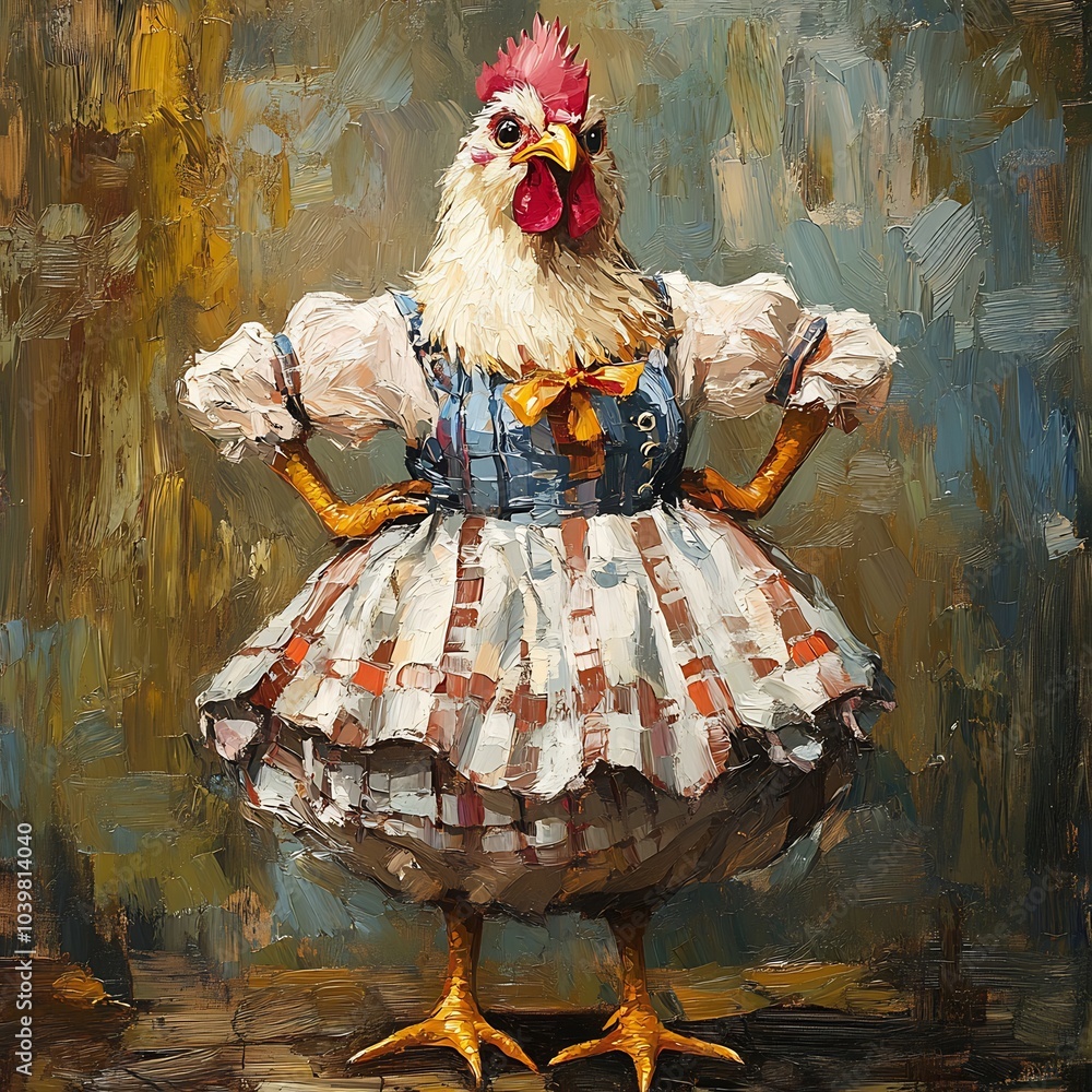 Poster fun hen in a bavarian dirndl with exaggerated features painted in oil brush strokes the oktoberfest 
