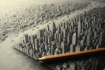 A hand-drawn cityscape created entirely with a single pencil, with the pencil resting next to the artwork 