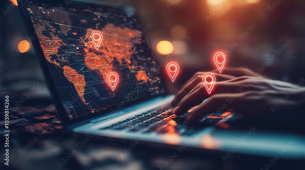 Poster hands typing on laptop with global map display
