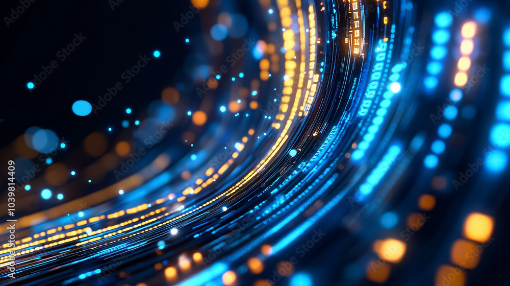 Poster vibrant data streams twist and flow through a digital environment, blending blue and orange light el