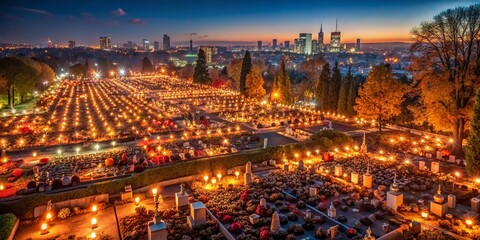 Fototapeta premium All Saints' Day in Warsaw: Aerial Night View of Illuminated Cemetery, Celebrating Day of the Dead in Poland
