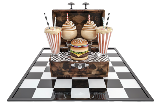 Retro diner bar with milkshakes and burgers inside an opened wooden box on a black-and-white checkered floor. Vintage celebration 3D illustration Isolated on transparent background.