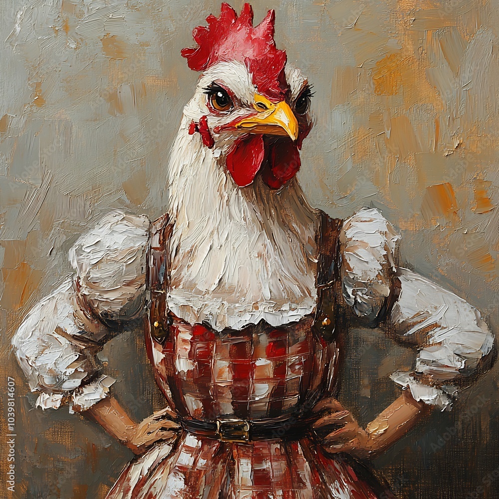 Poster fun hen in a bavarian dirndl with exaggerated features painted in oil brush strokes the oktoberfest 