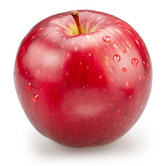 Red apple covered with several water drops on white background. File contains clipping path.