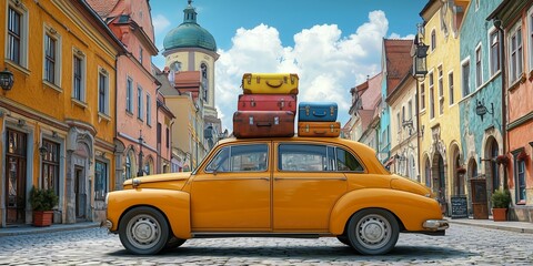 Fototapeta premium Vintage Yellow Car with Colorful Suitcases in City Scene