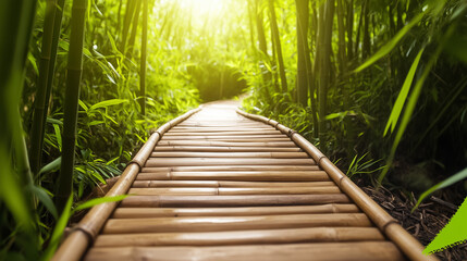 Fototapeta premium A winding path leads through vibrant bamboo, offering a serene escape into the heart of nature's beauty