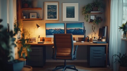 Fototapeta premium A creative workspace with a dual monitor setup, ergonomic chair, and motivational posters, illustrating an inspiring home office for remote professionals.