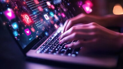 Digital Interaction with Social Media Icons on Laptop