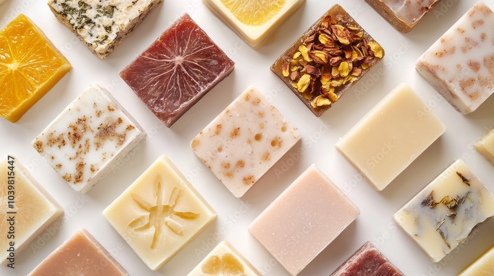 Poster a row of soaps with different colors and designs