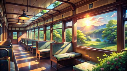 Fototapeta premium Anime Style Interior of a Japanese Train in the Morning Light for Landscape Photography