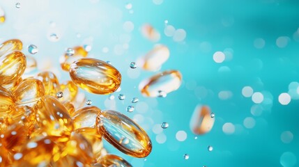 A dynamic heap of fish oil capsules gently scattered, with vibrant, natural lighting, against a blue water background to represent purity and marine origins
