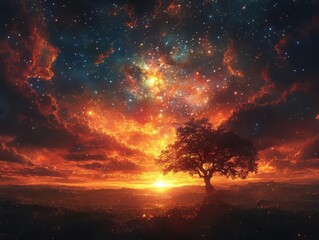 Fototapeta premium enchanting scene of a cosmic wilderness, where celestial elements merge with nature, showcasing a vibrant galaxy above a serene landscape, filled with stars and ethereal colors
