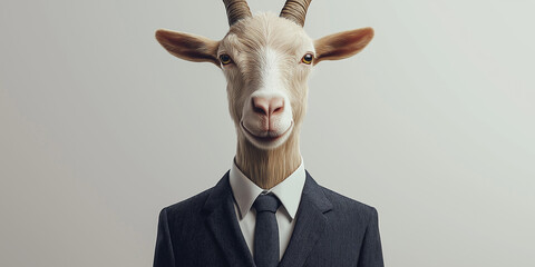 Goat as business man wearing office dress and tie in a light background created with AI technology