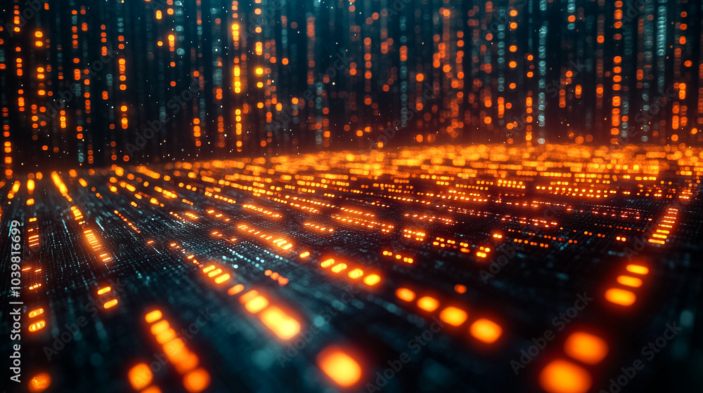 Poster dynamic data streams depicted in vivid orange light create a sense of movement across a dark digital