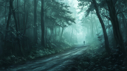 Obraz premium lone figure walks along foggy morning road through dense forest, surrounded by towering trees and mysterious atmosphere. path is shrouded in mist, creating eerie yet serene scene.